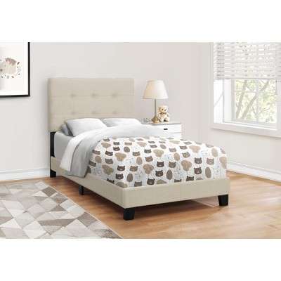 Beige Linen Twin Upholstered Bed with Tufted Headboard