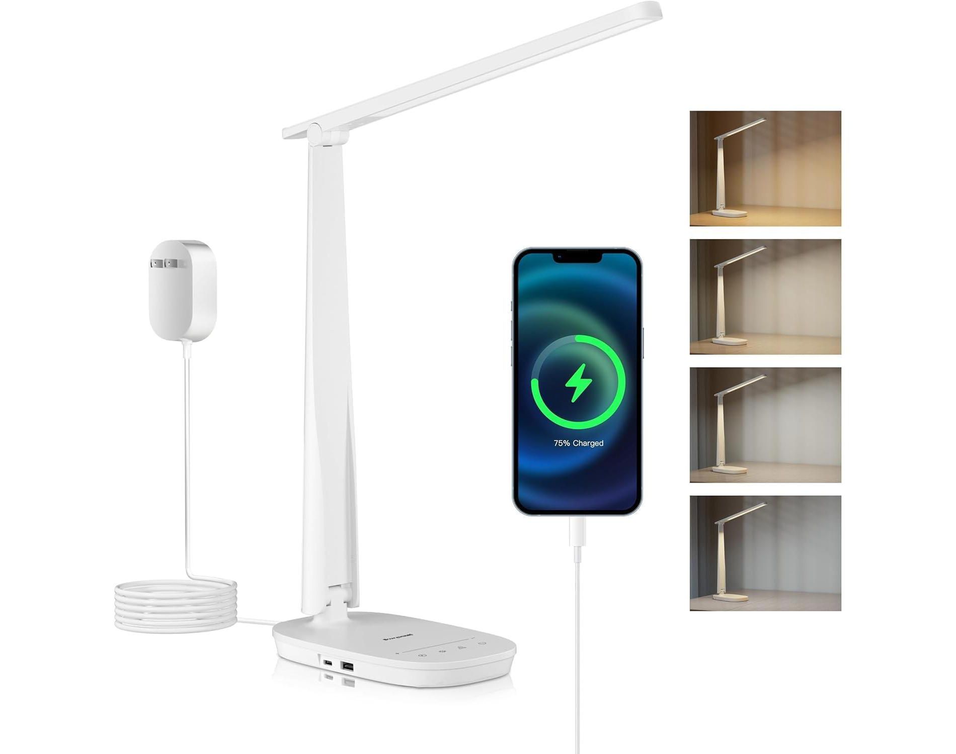 LED Desk Lamp, CRI94 Full Spectrum Eye-Caring Table Light, Foldable Dimmable 4 Color Modes with USB A+C Charging Ports for Home Office Bedroom Reading