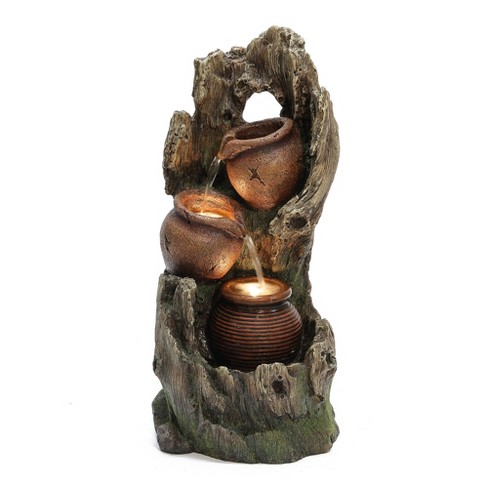 Luxenhome Old Tree With Pots Resin Outdoor Water Fountain With Lights ...