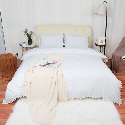 3 Pcs Washed Polyester with Pompoms Tassels Bedding Sets King White - PiccoCasa