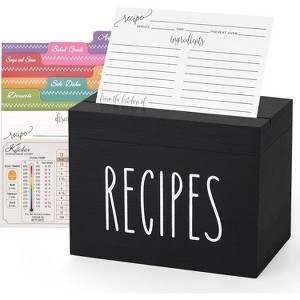 Wooden Recipe Box White Organizer with 100 Recipe Cards & 6 Dividers, Card Holder Box with Brown Lid & Slots - 1 of 4
