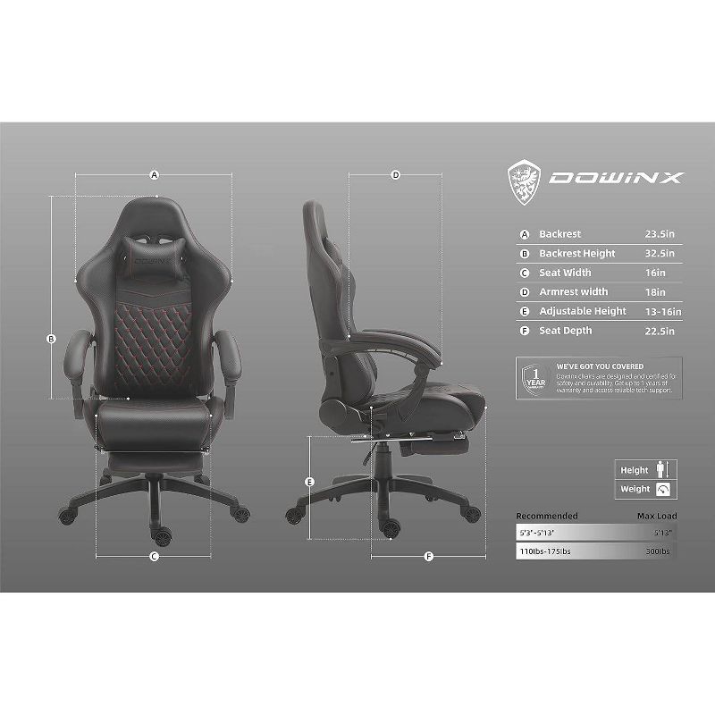Adjustable Gaming Chair with Massage Lumbar Support and Retractable Footrest - Dowinx, 4 of 9