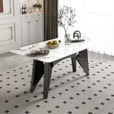 Hooseng 79" Dining Table for 6-8 People, Modern White Rectangular Kitchen Table with Marble Tabletop, Modern Long Dining Room Tables with 8 Chairs