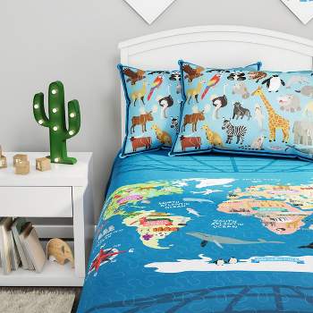World Map 3 Piece Quilt Set-Twin XL Bedding & 2 Pillow Shams-Hypoallergenic Microfiber-Animals & Landmarks of the Continents & Oceans by Lavish Homes