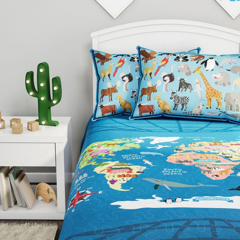 World Map 3 Piece Quilt Set-Twin XL Bedding & 2 Pillow Shams-Hypoallergenic Microfiber-Animals & Landmarks of the Continents & Oceans by Lavish Homes, 1 of 9