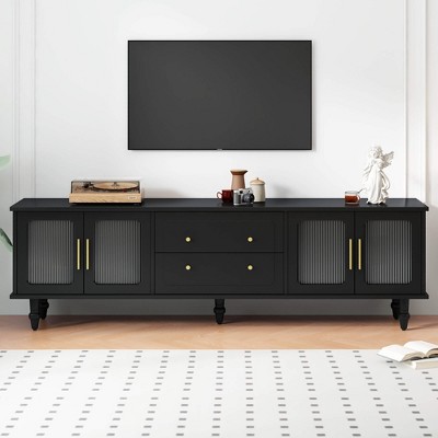 ORRD Retro TV Stand w/Fluted Glass Doors - 78" Media Console, 2 Drawers & Cabinets, Living Room Storage（Black）