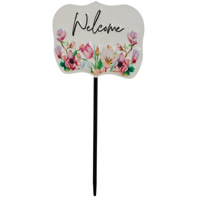 White Floral Welcome Metal Garden Stake, 8 inch