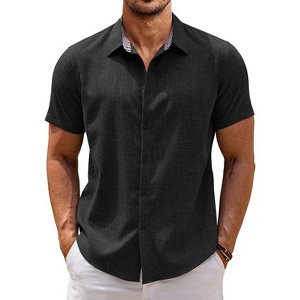 COOFANDY Mens Linen Shirt Short Sleeve Button Down Shirts Casual Plaid Collar Summer Beach Shirts - 1 of 4