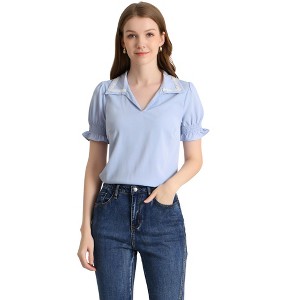 Allegra K Women's Casual V Neck Turn Down Collar Ruffle Short Sleeve Smocked Blouse - 1 of 4