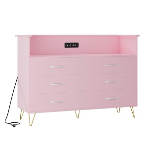 Orieon Modern 6 Drawer Dresser with RGB LED Lights & USB Charging Station, Double Wide Wooden Chest of Drawers with Open Shelves for Bedroom, Pink - 1 of 4