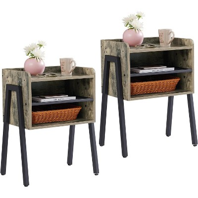 VECELO 1/2PCS Stackable Nightstand Industrial Side End Table Accent Furniture with 2-Tier Open Storage Shelf Retro Brown/Gray