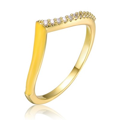 Guili Elegant 14k Yellow Gold Plated Stackable Ring with Vibrant Yellow Enamel 'V' Shaped Design for a Chic and Modern Look, size 7