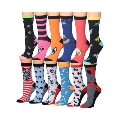 Tipi Toe Women's 12-Pairs Lightweight Value Pack Dog Novelty Animal Bone Paw Stripes Patterned Crew Socks