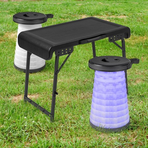 Costway 3 Piece Folding Table Stool Set with a Camping Table 2 Retractable LED Stools