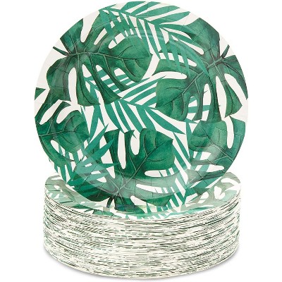 Blue Panda 80 Pack Tropical Green Palm Leaves Disposable Paper Party Plates 9" for Summer Party Supplies & Decorations