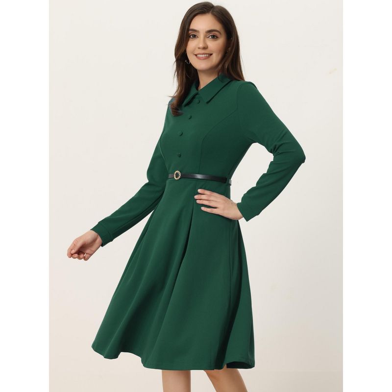 Allegra K Women's Elegant Long Sleeve Button Decor Belted Fit and Flare Dress, 3 of 6