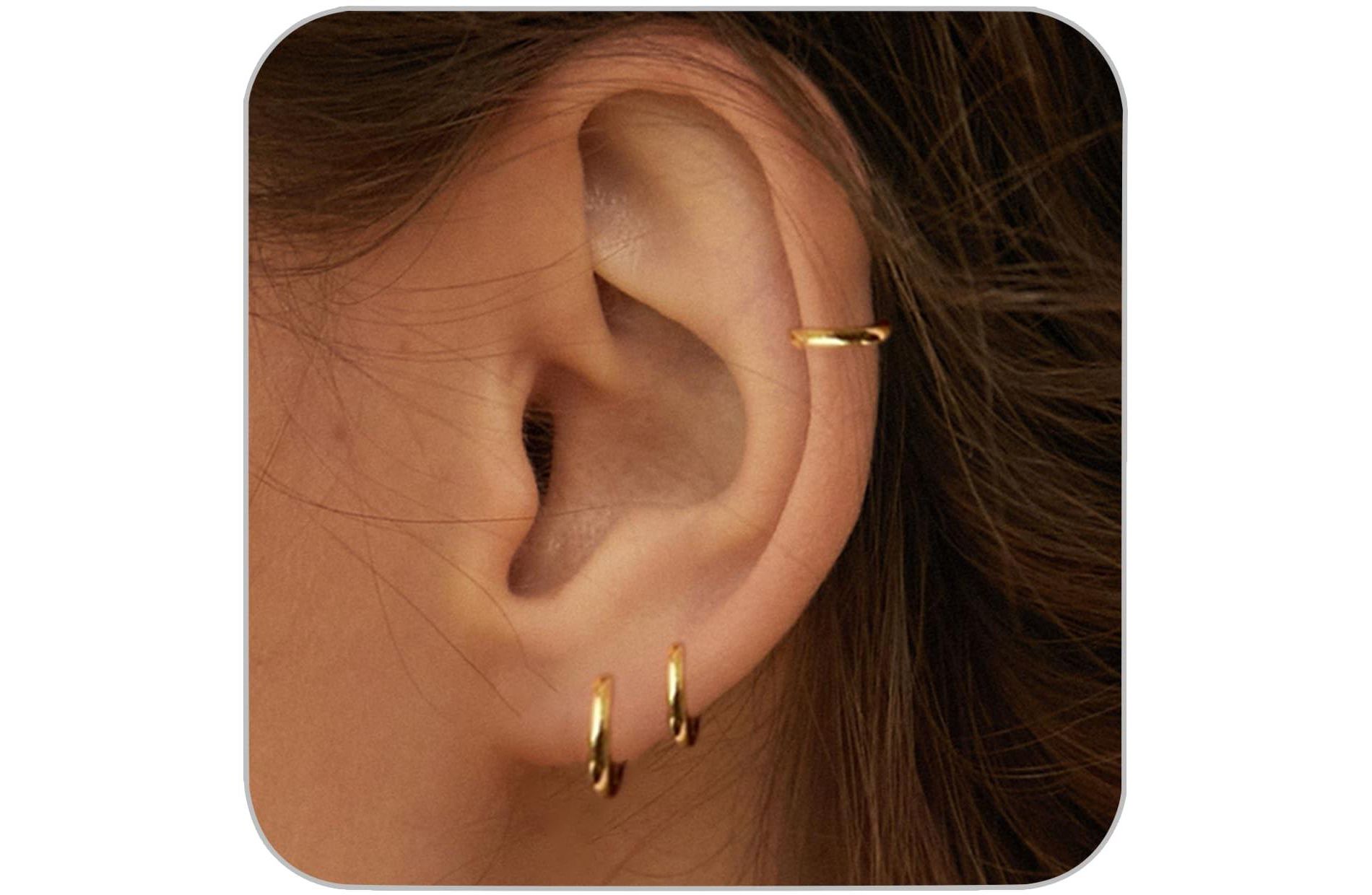 6mm 14K Gold Plated Huggie Hoops - Hypoallergenic Lightweight Cartilage Earrings for Sensitive Ears, Dainty Gold Hoop Set (1 Pair)