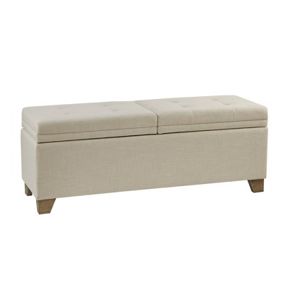 Beige Upholstered Storage Bench with Natural Wood Legs