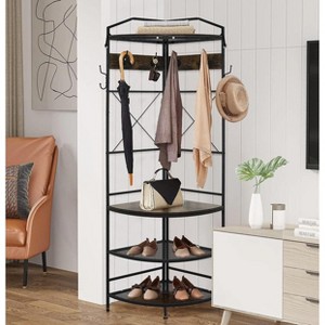 Hooseng 4-Tier Corner Coat Rack with Storage for Entryway, Farmhouse Corner Hall Tree with Bench and 6 Metal Hooks for Bedroom - 1 of 4