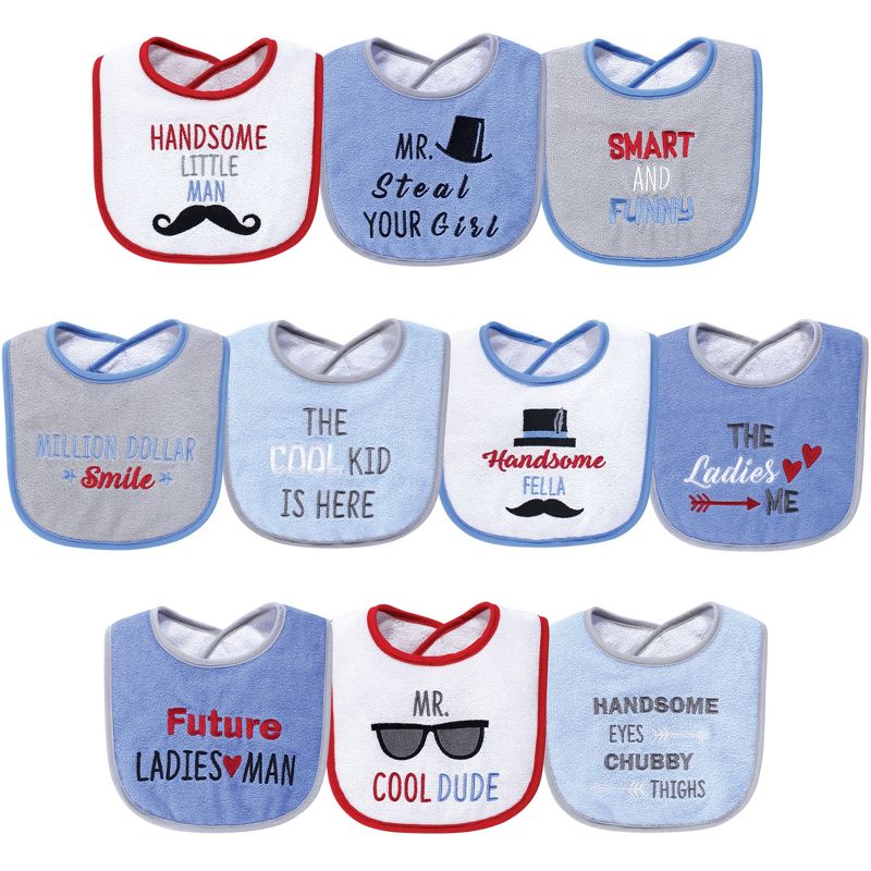 Hudson Baby Infant Boy Cotton Terry Drooler Bibs with Fiber Filling 10pk, Handsome Eyes, One Size, 1 of 3