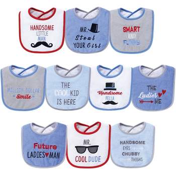 Hudson Baby Infant Boy Cotton Terry Drooler Bibs with Fiber Filling 10pk, Handsome Eyes, One Size