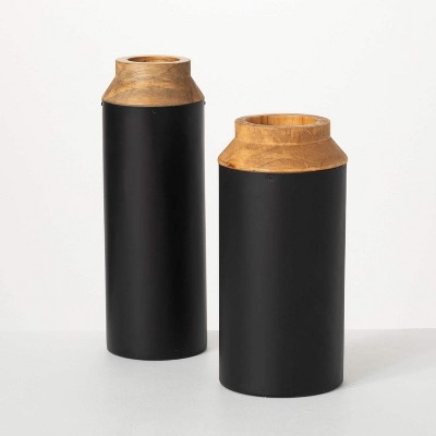Sullivans Wood Vase With Black Wrap Set of 2, 14"H & 12"H Black