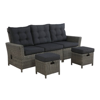 Asti 3pc Wicker Outdoor Seating Set with Reclining Sofa & 2 15" Ottomans - Gray - Alaterre Furniture
