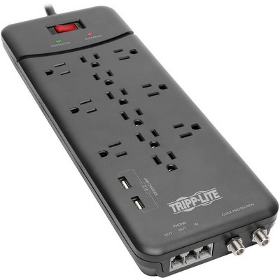 Tripp Lite Surge Protector Power Strip 12 Outlets, 2 USB Charging Ports Tel/Modem/Coax - 12 x NEMA 5-15R, 2 x USB - 1800 VA - 4320 J - 120 V AC Input
