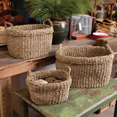 Natural Seagrass Oval Storage Basket Set with Handles