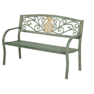 Photo 1 of Plow Hearth Pineapple Metal Garden Bench, Timeless Verdigris Finish, Tubular Steel Construction, Seats 2, Indoor/Outdoor, Hold