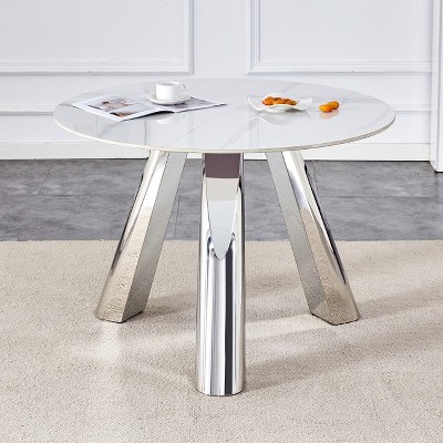 Infurnic Patio End Tables Modern Marble-Style Round Dining Table, Round White Dining Table for 4 for Small Space, Apartment, Studio,  White,