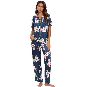 cheibear Women's Printed Short Sleeve Button Down Sleepwear with Pants Pajama Set - 1 of 4