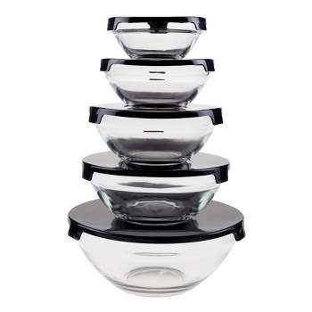 Glass Food Storage Containers with Snap Lids- 10 Piece Set with Multiple Bowl Sizes for Storage, Meal Prep, Mixing and Serving by Chef Buddy (Black)