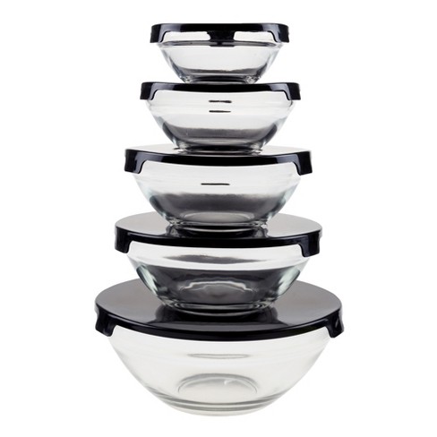 Glass Food Storage Containers with Snap Lids- 10 Piece Set with Multiple  Bowl Sizes for Storage, Meal Prep, Mixing and Serving by Chef Buddy (Black)