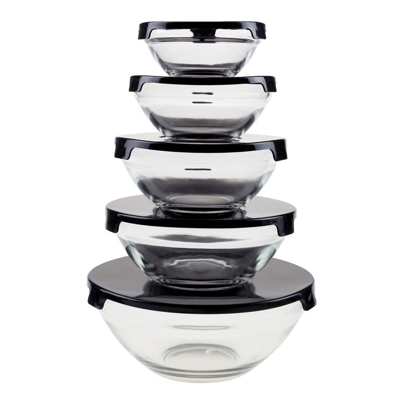 Glass Food Storage Containers with Snap Lids- 10 Piece Set with Multiple Bowl Sizes for Storage, Meal Prep, Mixing and Serving by Chef Buddy (Black), 1 of 6