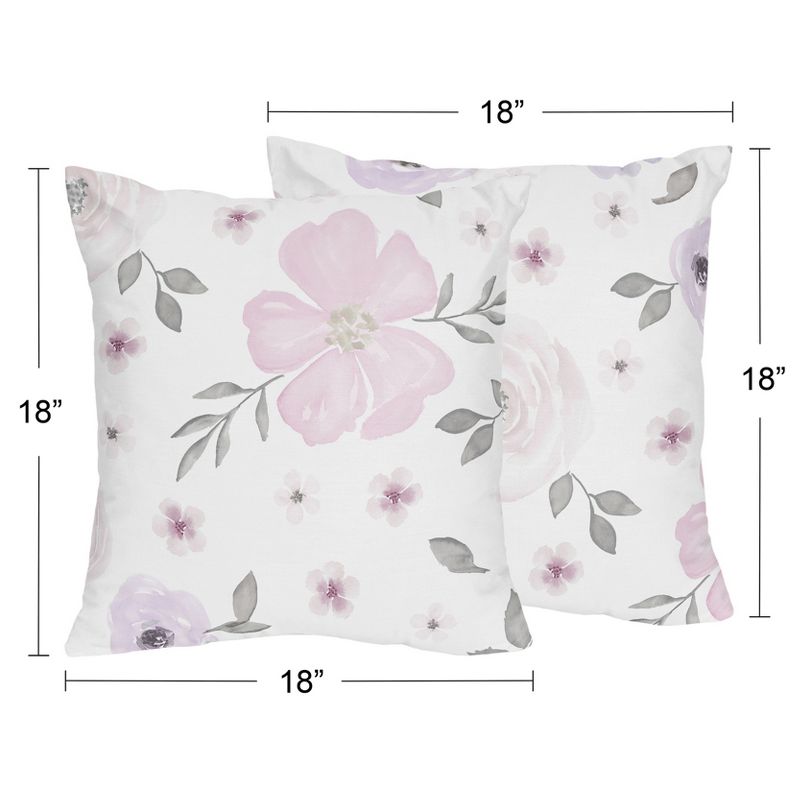 Sweet Jojo Designs Set of 2 Decorative Accent Kids' Throw Pillows 18in. Watercolor Floral Purple Pink and Grey, 4 of 6