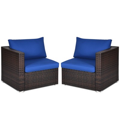 Tangkula 2PCS Rattan Corner Sofa Set Patio Outdoor Furniture Set w/ 4 Navy Cushions