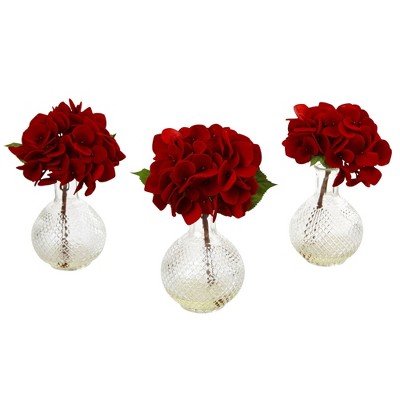 12" x 8" 3pc Artificial Red Hydrangea with Glass Vase - Nearly Natural