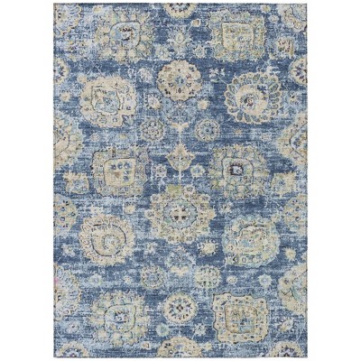 Navy Blue And Beige Floral Washable Indoor Outdoor Area Rug