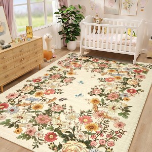 Washable Rug Vintage Floral Rug with Non Slip TPR Backing, Soft Non Shedding Foldable Floor Covering for Living Room Bedroom - 1 of 4