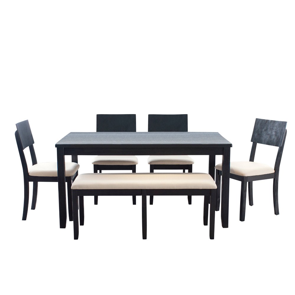 Photos - Dining Table Linon 6pc Jordan Upholstered Chairs and Bench Dining Set Dark Charcoal - : Seating for Six, Acacia Wood Frames 