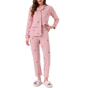 INSPIRE CHIC Women's Loungewear Button Up Cute Pattern Print Long Sleeve Notched Collar Pants Set with Pockets Pajama Set - 1 of 4