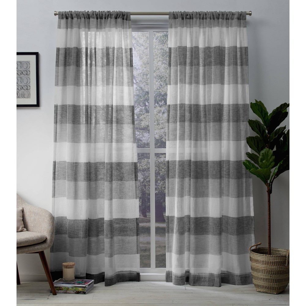 Photos - Curtains & Drapes Set of 2 84"x54" Bern Striped Sheer Rod Pocket Window Curtain Panel Gray 