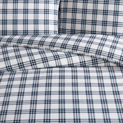 Navy Blue Plaid Cotton Full/Queen Duvet Set with Shams