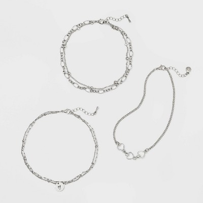 Shiny Heart Chain Anklet Set 3pc - Wild Fable™ Silver