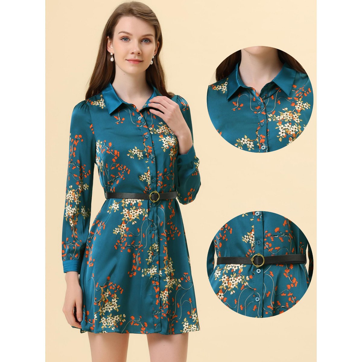 Женские платья INSPIRE CHIC Women's Long Sleeve Button Down Floral Satin Dress Peacock Blue Medium — фото 2
