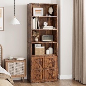 Bookcase with Doors Farmhouse Bookshelf 11.8in Depth Wooden Display Storage Shelves 71.4in Tall Bookcases - 1 of 4