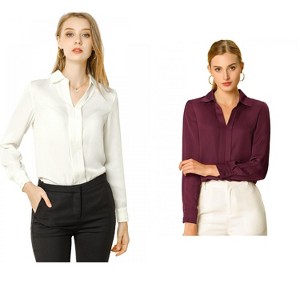 INSPIRE CHIC Women's Elegant V Neck Long Sleeve Office Work Satin Shirt 2 Packs - 1 of 4