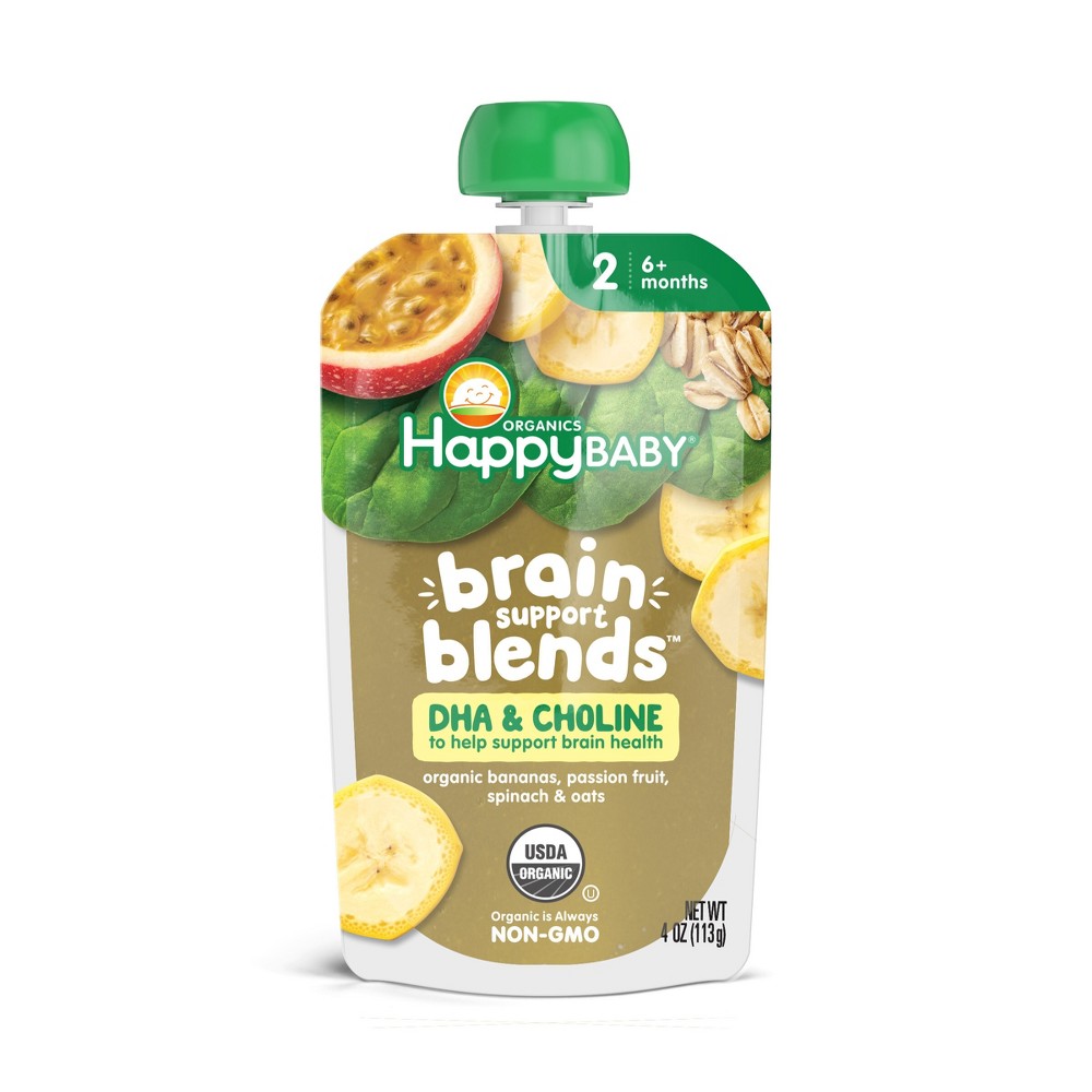 Happy Baby Brain Support Blends, Organic Stage 2 Baby Food with DHA & Choline - 4oz
