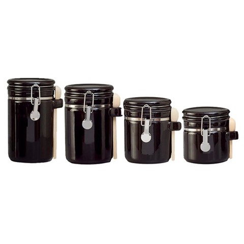 Home Basics 4 Piece Canister Set High Gloss Black Ceramic Kitchen Storage with Wooden Spoons.
